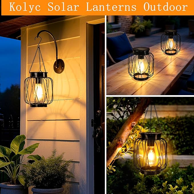 Solar Lanterns Outdoor 4 Pack, Metal Solar Hanging Lanterns with Hook - Outdoor Hanging Lantern Lights Waterproof, Bright Warm Lantern Decor for Outside Garden Yard Patio Pathway