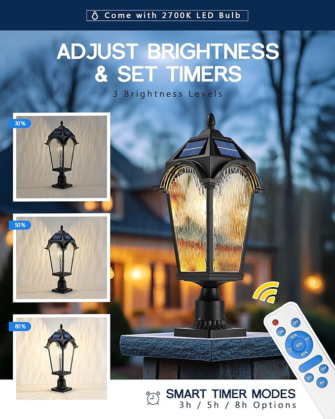FEMILA Outdoor Post Lights Solar Powered, 22" Dusk to Dawn Aluminum Glass Solar Post Light Fixtures for Yard Pathway Entrance, 4FYX90PM-SL BK