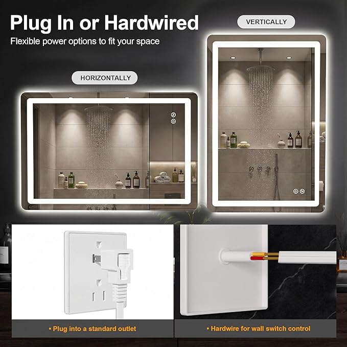 Bathroom Vanity Mirror with LED, 36" x 24" Led Bathroom Vanity Mirror with Light for Wall, IP54 Enhanced Anti-Fog, Dimmable 3 Colors, Memory Function, Backlit and Front Lit, Plug-in/Hardwired