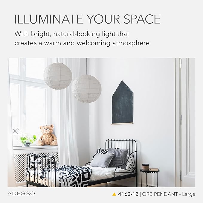 Adesso Orb Large Pendant with Collapsible Rice Paper Shade – 15ft Cord, 24” Diameter – Stylish Ceiling Lighting