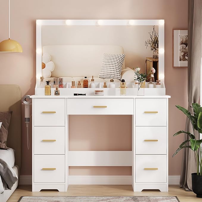 44" Vanity Desk with Mirror and Lights, Glass Top Makeup Vanity with RGB Ambient Lights & 7 Drawers, Large Dressing Table with Power Outlet for Bedroom, White