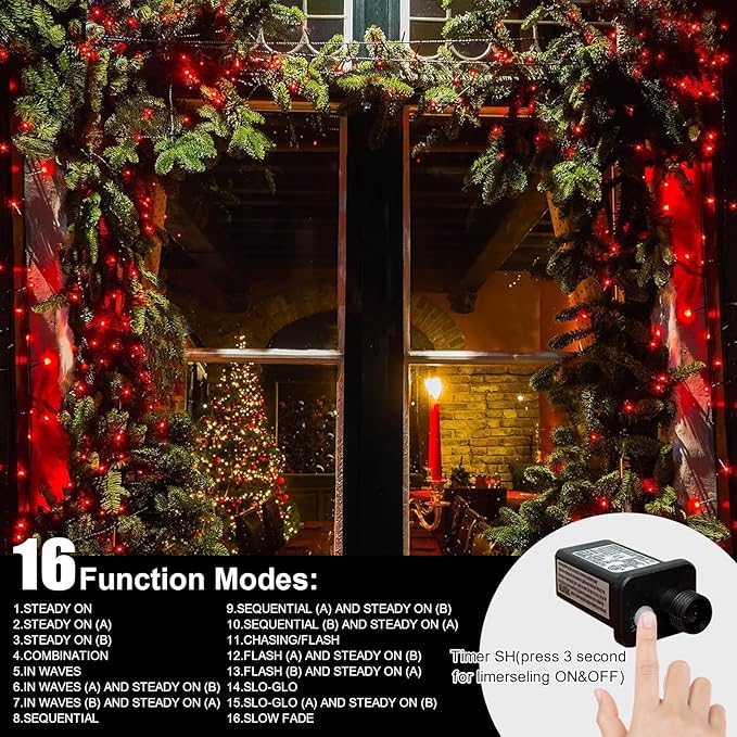 LAMPHOME 165FT 500 LED Red String Lights, 16 Modes Clear Wire Plug in Lights, Waterproof Connectable Twinkle Lights for Outdoor Valentine's Day, Mother's Day, Christmas, Wedding Party Decorations