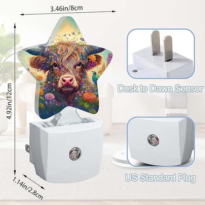 Night Light,Highland Cow Bird Plug into Wall with Dusk to Dawn Light Sensors,Colorful Flowers Warm Star Nightlights for Bedroom,Bathroom,Hallway,Kitchen Home Decor Desk Lamp