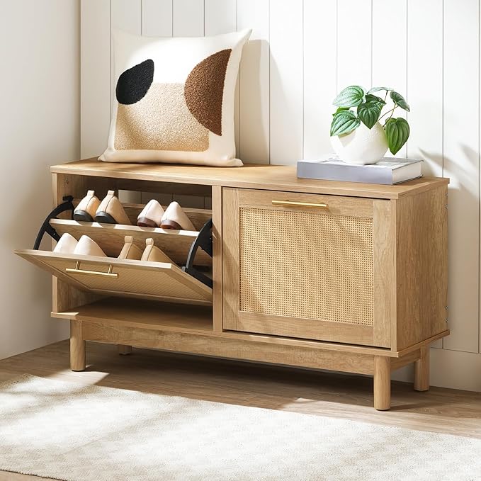 HOOBRO Rattan Shoe Storage Bench with Double Flip Drawers, Narrow Shoe Storage Organizer for Entryway, 11.8"D x 39.4"W x 20.9"H Hidden Space Saving Wooden Shoe Cabinet for Hallway, Natural NL51HX01