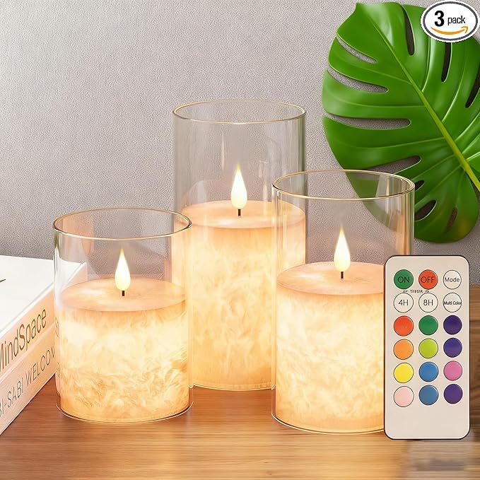 Ice Crystal Real Wax 12-Color Flameless Candles 3-Pack with Remote Timer, Battery Operated Multicolor LED Candles with Warm Flickering Flame for Christmas Wedding Home Decor (4/5/6 Inch)