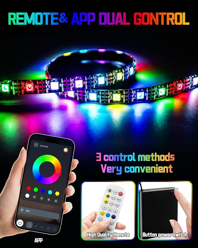 TV LED Backlight, 4 Pre-Cut 1.64ft/6.56ft Short LED Light Strip for Shelves, Remote and APP Control, USB-A/C RGB Color Changing Gaming Lights with DIY Mode and Music Mode, 96 LEDs