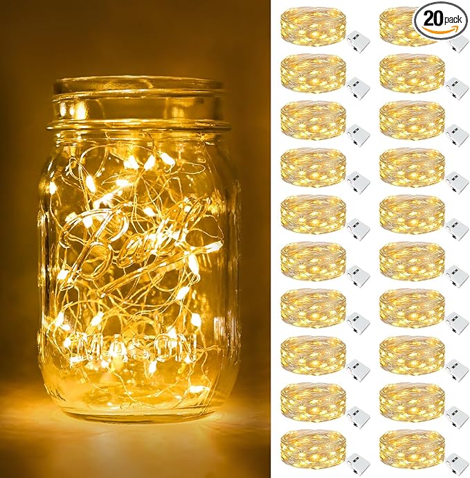 btfarm 20 Pack Fairy Lights Battery Operated, 3 Modes 7ft 20 Led Twinkle Lights, Mini Bulk String Lights Waterproof Silver Wire for Mason Jars Christmas Wedding Vases Centerpiece Decor, Warm White