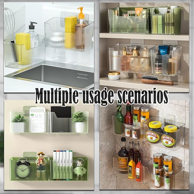 Set Of 2 Storage Organizer Bins Wall Mounted Shower Basket, Shower Caddy Stackable Clear Plastic Makeup Organizer Adhesive Hanging Bin for Bathroom, Kitchen, Cabinet, Pantry, BPA Free, Clear