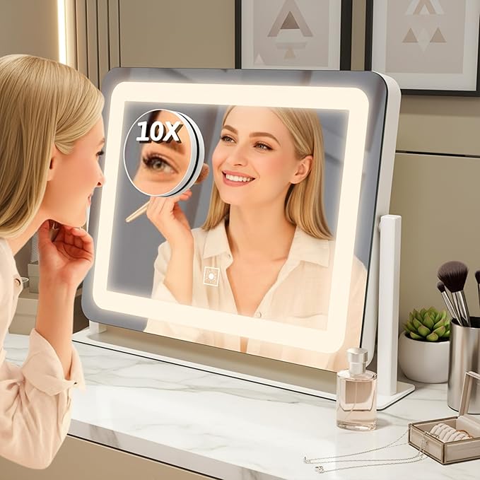 HNV 16"x12" Vanity Mirror with Lights, Hollywood Lighted Makeup Mirror with 10X Magnification, Smart Touch Control, 3 Color Dimmable LED, Square Frame Tabletop or Bathroom Dresser Mount (White)