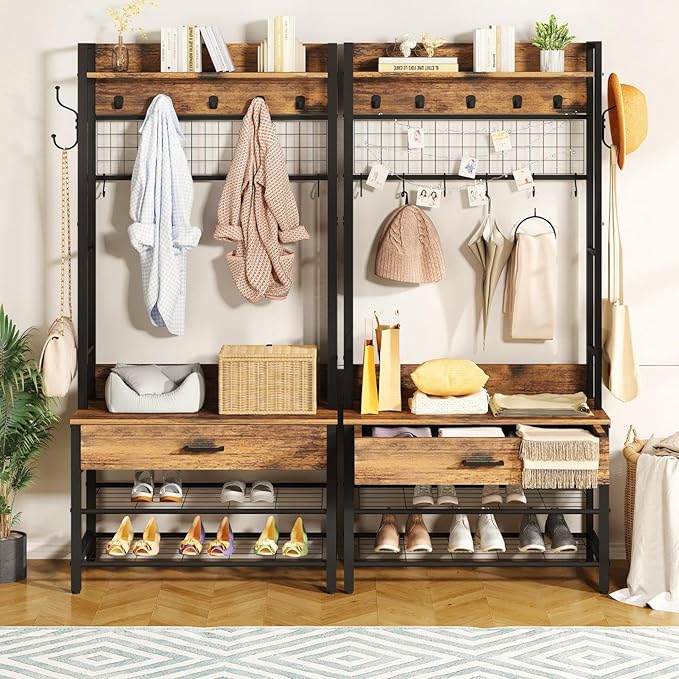 Recaceik Hall Tree with Bench and Shoe Storage, Entryway Coat Rack with Shoe Bench, Industrial Hall Tree with Drawers and 12 Hooks for Bedroom, Living Room