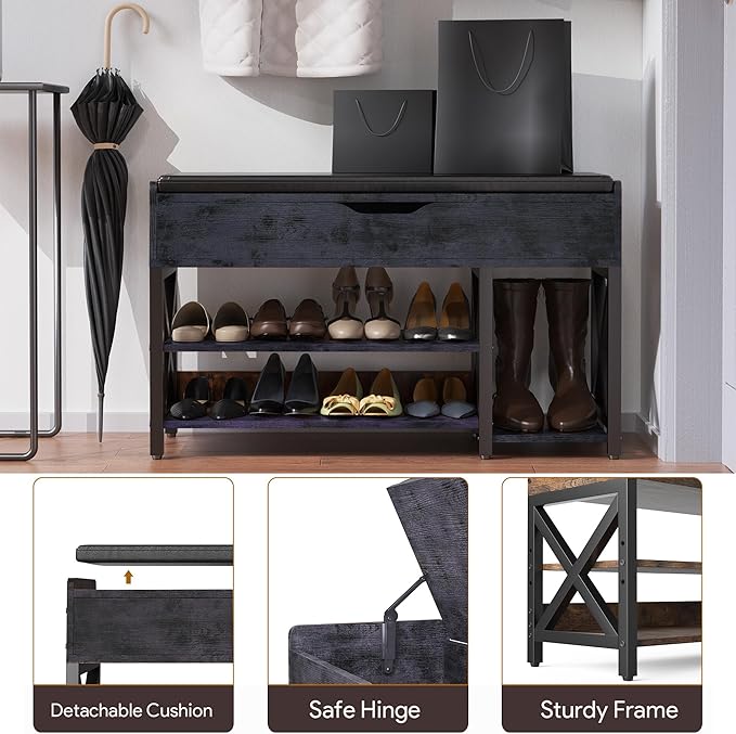Shoe Bench, Lift Top Shoe Storage Bench, Adjustable Shelf Entryway Bench with Cushion for Entry, Bedroom, Closet, Living Room, Hallway (Black, 35.5“W)