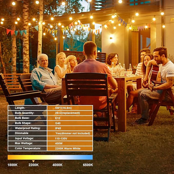 OHLUX Outdoor String Lights, 55FT Shatterproof LED Patio Lights with 26 Dimmable Plastic G40 Bulbs, 2200K Waterproof Connectable Hanging String for Backyard Cafe Porch Deck E12 Base