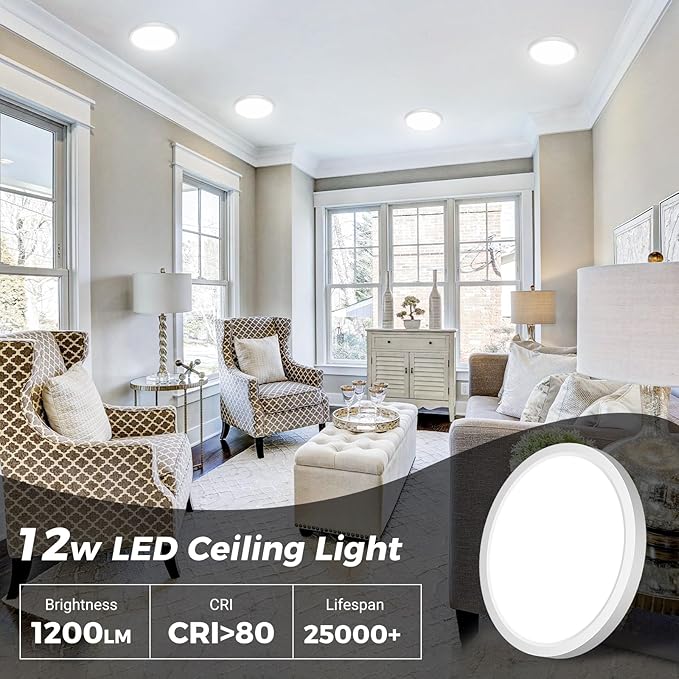 6PACK Flush Mount LED Ceiling Light Fixture - White, 6.5Inch 12Watt, Dimmable & 3000K-4000K-6500K 3 Color Selectable Ceiling Lamp - 1200LM Low Profile Light for Kitchen, Bedroom, Hallway, Porch