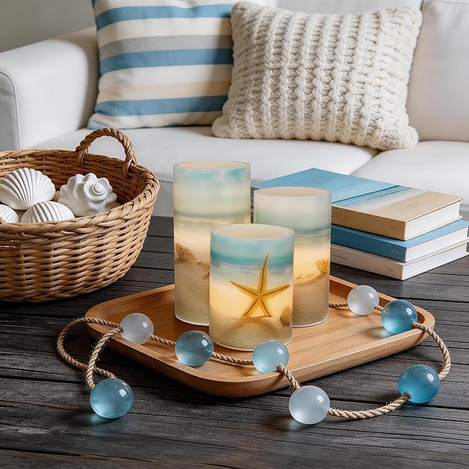 Beach Flameless LED Candles with Remote and Timer, Seashell & Starfish Pillar Unscented Real Wax, Ocean Decor for Home Bedroom Wedding Coastal Room, 3" x 4",5",6", Set of 3(Beach)