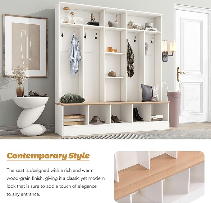 Wide Hall Tree With Shoe Storage Bench, Minimalist Entryway Coat Rack, Cube Storage and Shelves, Multifunctional Mudroom With 8 Hooks for Hallway (White)