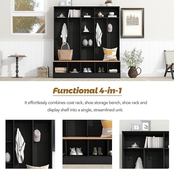 66.9" Wide Hall Tree with Storage Bench, Shoe Cabinet with Cube Storage & Shelves, Coat Rack with 8 Hooks for Entryways