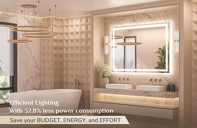 Keonjinn 48" x 36" Lighted Mirror for Bathroom Wall, LED Mirror with Frontlit & Backlit, Bathroom Mirror with Lights, Dimmable 3-Color Lights, HD Tempered Glass, UL-Listed LED Driver