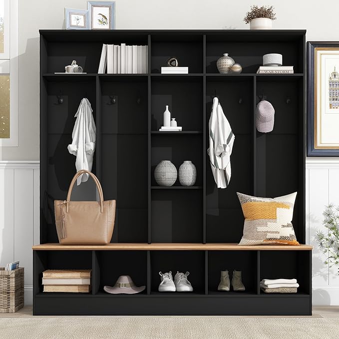 66.9" Wide Hall Tree with Storage Bench, Shoe Cabinet with Cube Storage & Shelves, Coat Rack with 8 Hooks for Entryways