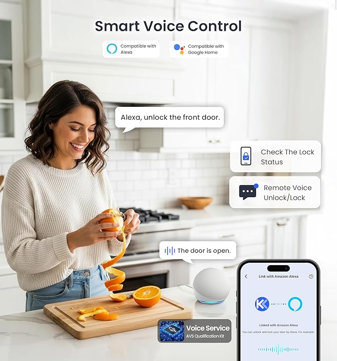 Veise VE027-L Built-in WiFi Smart Lock with Handle, Fingerprint keyless Entry Door Lock Set, App Remote & Voice Control, Electronic Deadbolt for Front Door, Touchscreen Keypad, Auto Lock, Satin Nickel