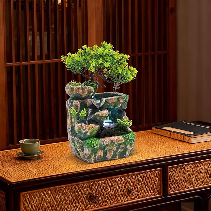 Desk Waterfall Fountain, Water Fountains Indoor Bonsai Desktop Ornament with LED Light, Zen Meditation for Home Office Bedroom Atomizing Humidifier Desk Decoration