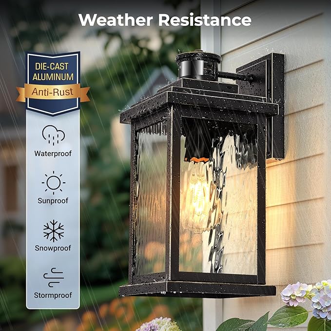 VIANIS Large Motion Sensor Outdoor Lights 2 Pack, Dusk to Dawn Outdoor Lighting with Water Glass, Easy-Install Aluminum Waterproof Hardwired Exterior Lights for Porch, Garage, Front Door