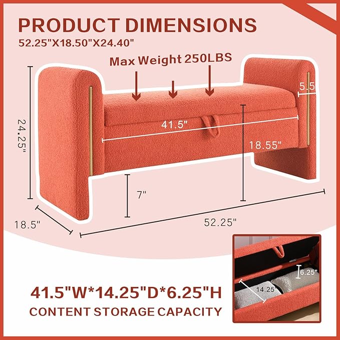 Modern 52" Storage Ottoman Bench, Upholstered End of Bed Storage Bench with Armrests, Entryway Bench, Teddy Foot Rest Stool for Living Room Hallway Bedroom (Orange)