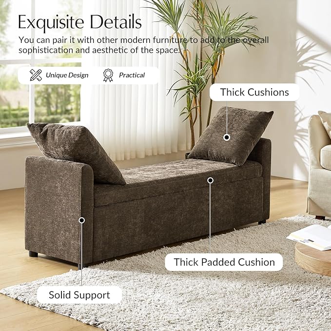59.5" Modern Storage Ottoman Bedroom Bench, End of Bed Bench with Arms and Throw Pillows, Footrest Stool for Living Room, Dining Room, Entryway and Hallway, Taupe