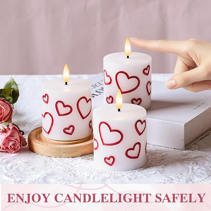 Valentine Day Flameless Pillar Candles with Remote, Real Wax Battery Operated Candles, 3 Pack Flickering LED Heart Candle for Proposal Wedding Anniversary Romantic Night