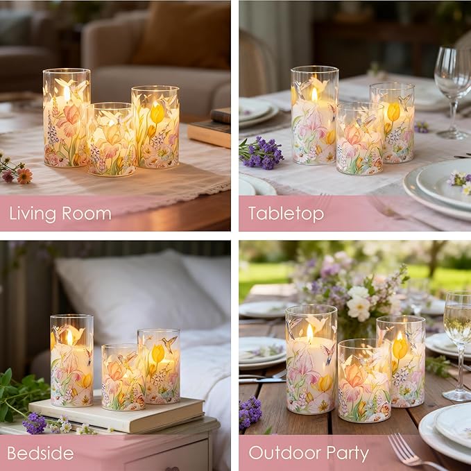 Flameless Candles with Remote, Battery Operated Glass Candles Hummingbird Flickering LED Electric Pillar Candles Real Wax Floral Christmas Decor Set of 3