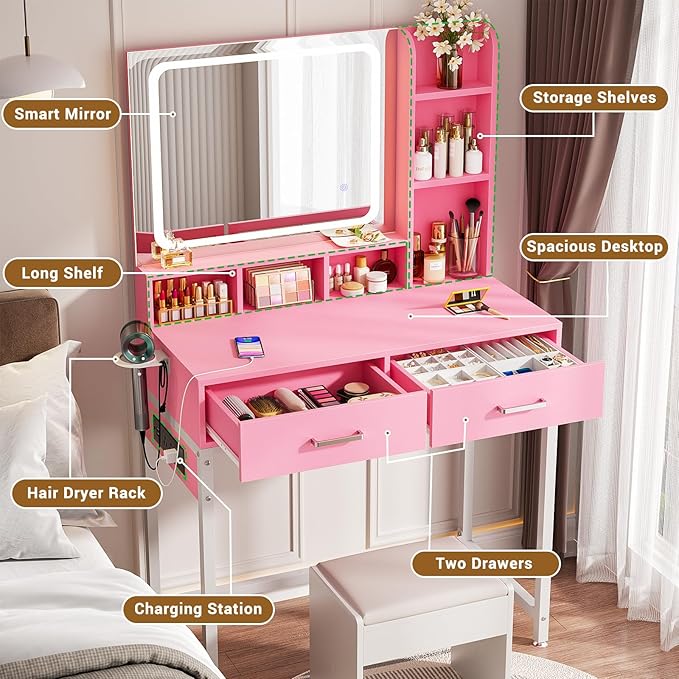 Small Vanity Desk, Vanity Desk with Mirror and Lights, Makeup Vanity Desks with Power Strip, Vanity Table with Drawers and Shelves, Adjustable Lighting, Dressing Table for Bedroom Dressing Room, Pink