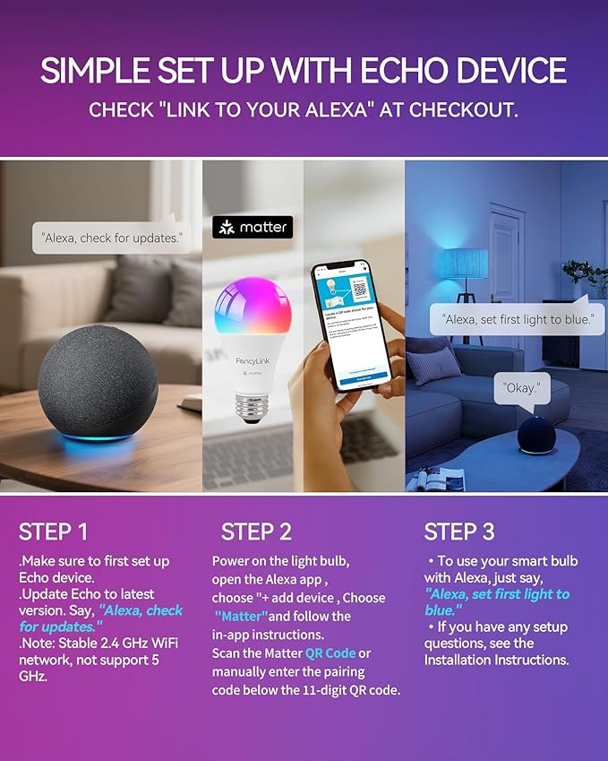 Matter Smart Light Bulbs, Color Changing Light Bulb, hub Required, A19 60W,2.4Ghz WiFi only,Compatible with Alexa Google Assistant, Apple Home,16 Million Colors RGBCW 800 Lumen,4 Pack