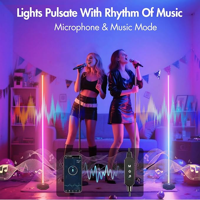 LED RGB Corner Lamp: Smart RGB LED Corner Floor Lamp Adjustable Height with 16 Millon RGBWIC Color Changing Lights 300+ Scene,Music Sync&Timer,Ambient Lighting for Living Room,Bedroom,Game Room