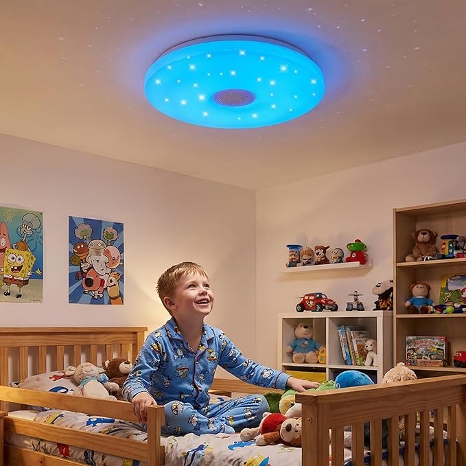 HANTANG RGB Ceiling Light with BT Speaker, 42W 14Inch Smart Music Lights Colorful Dimmable with APP and Remote Control, Color Changing Led Light Fixture Flush Mount for Bathroom Shower Bedroom