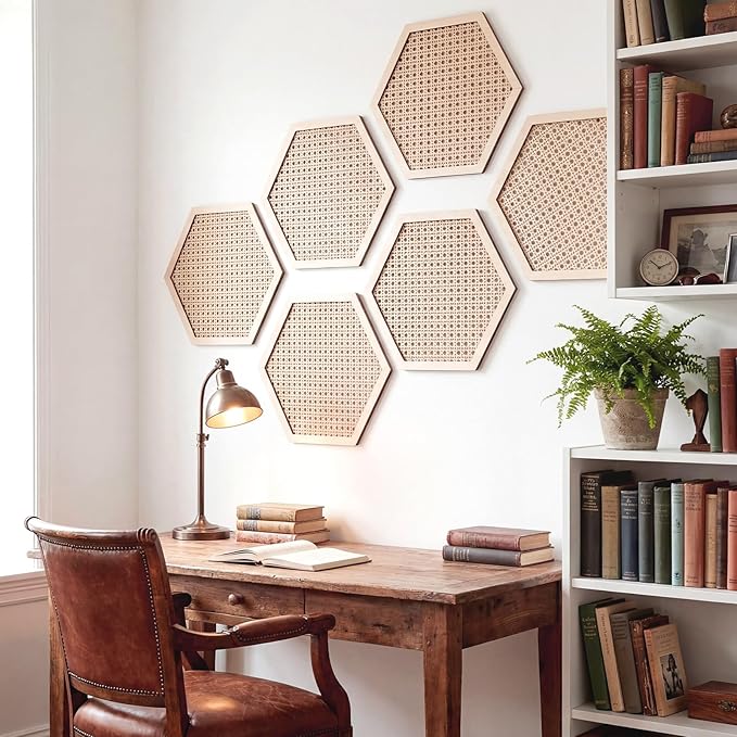 Ripeng 6 Pcs 11.8 Inch Boho Hexagon Wall Decor Farmhouse Wood Earthy Hexagon Wall Panels Modern Hollow Carved Design Rustic Abstract Decor for Living Room Kitchen Bedroom (Hollowed Style)