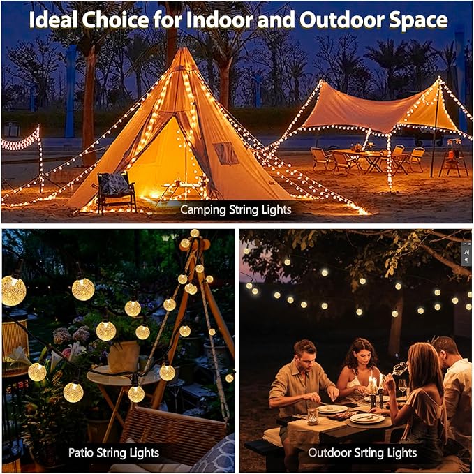 SeaShine Rechargeable Battery Operated String Lights - 2×22ft 50LED Crystal Globe String Lights, IP65 Waterproof Battery Fairy Lights with Remote Timer for Bedroom Outdoor Camping Christmas Warm White