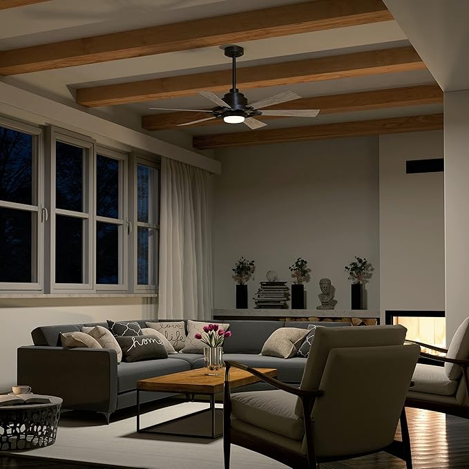 Kichler 52 Inch Gentry Lite LED Ceiling Fan and Etched Cased Opal Glass in Anvil Iron with Distressed Antique Grey Blades,Satin Black/Silver