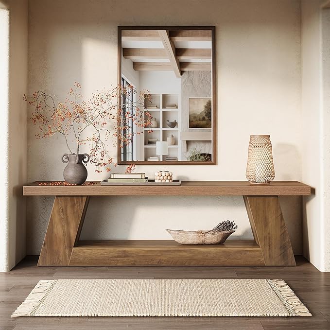Tribesigns 63" Wooden Entryway Bench with Storage Shelf, Rustic Extra Long Bench, 2-Tier Narrow Hallway Seating Bench for Living Room, Bedroom, Kitchen(Brown)