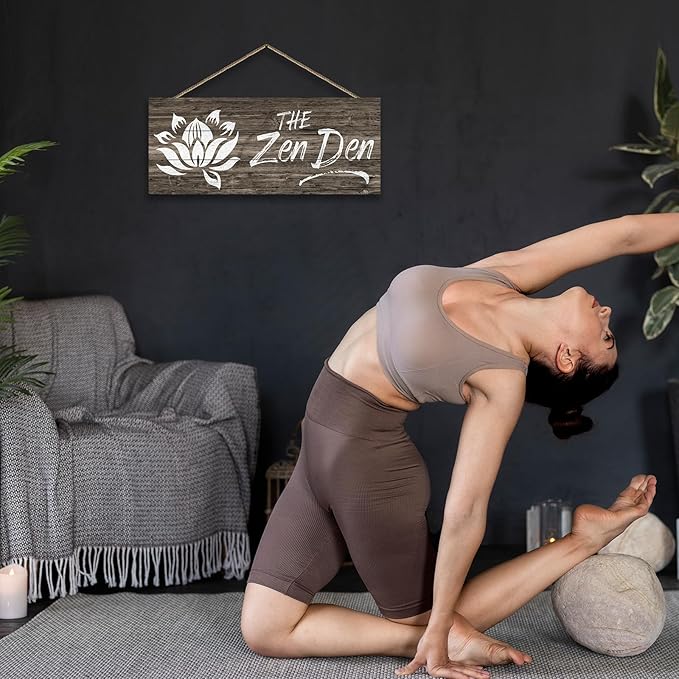 1 KINGO Farmhouse Zen Den Signs: Rustic Zen Den Yoga Studio Room Decoration Canvas Print Lotus Flower Wall Decor - Vintage Decorative Wooden Texture Wall Plaque for Home 6" x 15"