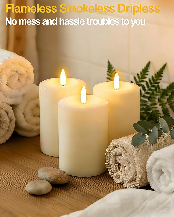 3"x4" Flickering Flameless Candles with Remote Timer, Real Wax, Ivory Pillar Candles, Set of 3 Fake LED Battery Operated Candles for Home, Fireplace, Centerpiece, Rustic and Farmhouse Decor