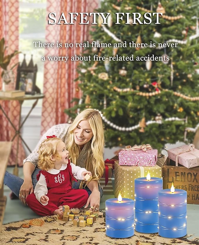 Da by Flameless Candles with String Lights，Battery Operated Candles,LED Flickering Candles with Remote Control and Timer, Real Wax, 3 Pack-Blue.