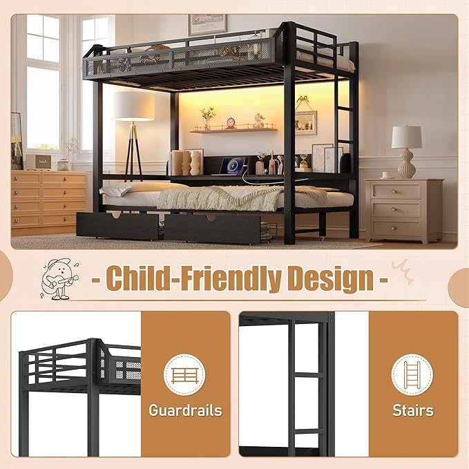 Bellemave Twin XL Over Twin XL Metal Bunk Bed with Storage Drawers and Shelves, Heavy Duty Bunk Beds with LED Lights and Charging Station for Kids,Adults,Convertible into a Sofa Bed,Black