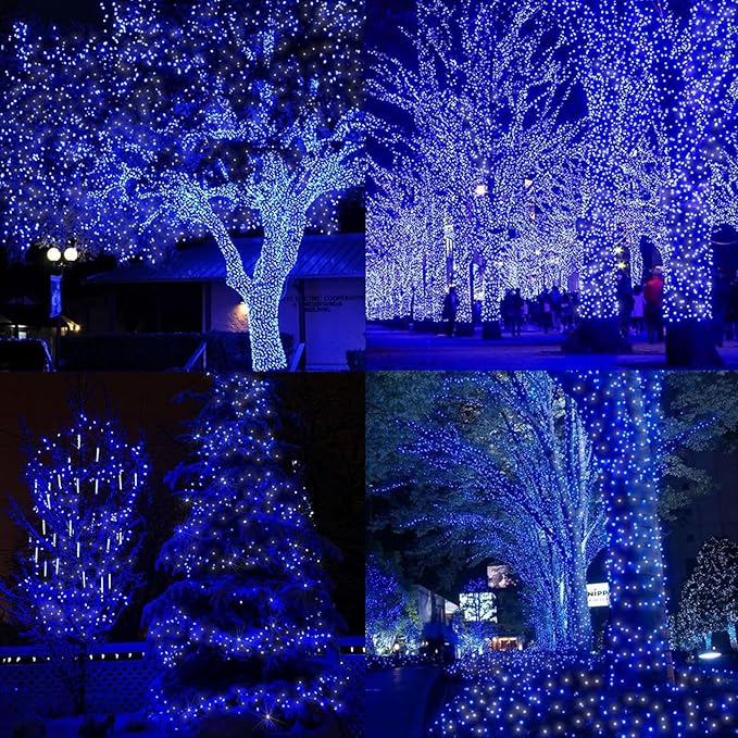 LAMPHOME 66FT 200 LED Blue White String Lights, 16 Modes Plug In Mini Fairy Lights, Waterproof Outdoor Christmas Lights for Hanukkah Xmas Tree Garland Bedroom Ocean Party July 4th Patriotic Decoration