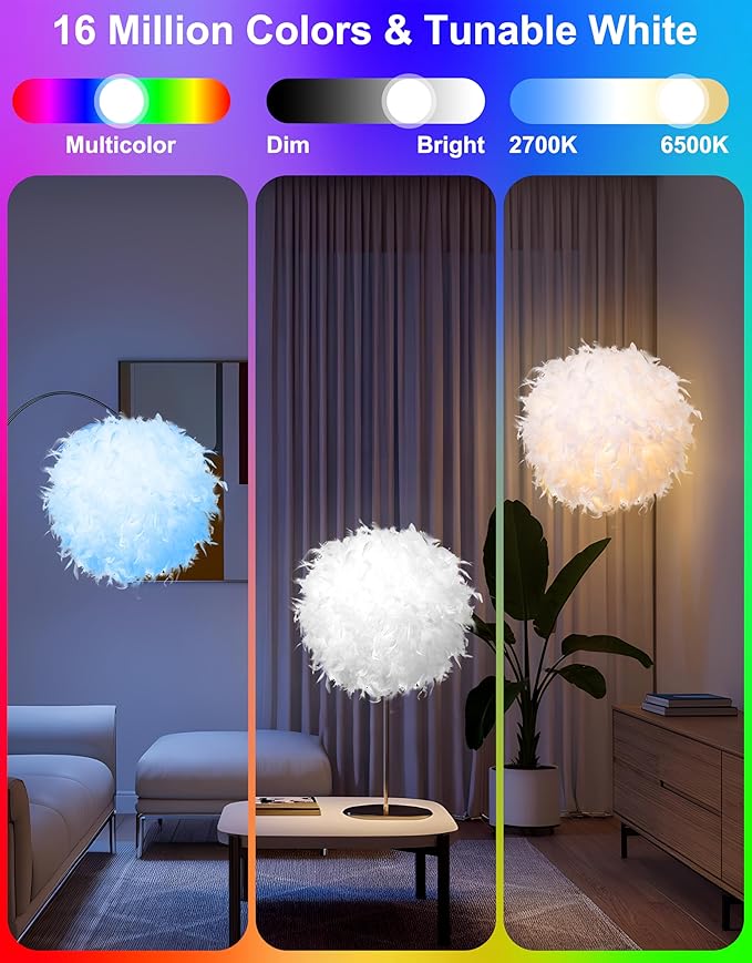 Feather Lamp Shade with Smart RGB Light Bulb, Built-in Bluetooth Speaker, Remote & APP Control, Fluffy Girl Room Decor, 600 Lumens, 19.7inches, White