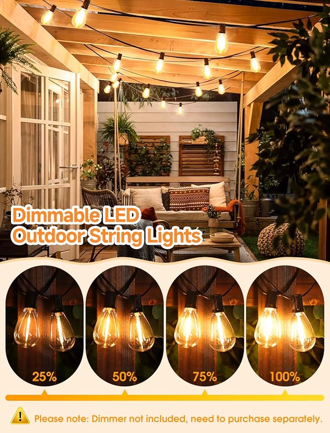 50FT(2X25FT) LED Outdoor String Lights, 20+2 Edison S11 Dimmable Bulb Waterproof Patio Lights, Connectable Hanging Strand for Balcony, Black