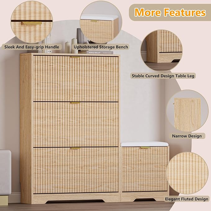 Slim Shoe Cabinet with Bench for Entryway, Hidden Storage and Adjustable Shelves, Free Standing Wooden Shoes Organizer for Hallway, Foyer
