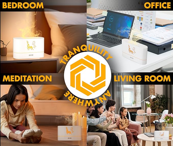 Colorful Aroma Essential Oil Diffuser for Home, Quiet Cool Mist Flame Humidifier for Bedroom with Remote, Fire Flame Diffuser Humidifier with Scent (White)