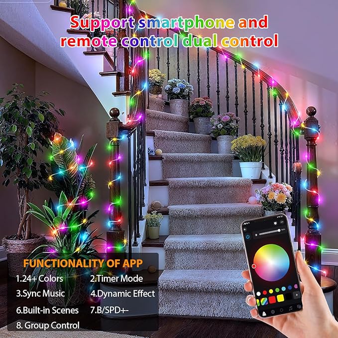 OMIKA Fairy Lights Plug in, 66FT 200 LED Smart String Lights Plug in with Remote & APP Controlled, Warm White + RGB Music Sync Timer Indoor String Lights, for Room Bedroom Classroom Holiday Decor