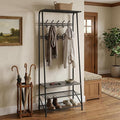 24" Grey Hall Tree with Bench and Shoe Storage, Double Row Hooks Coat Rack Freestanding Organizer, Heavy Duty Coat Rack with Shoe Storage, Coat and Shoe Rack Entryway Foyer Living Room