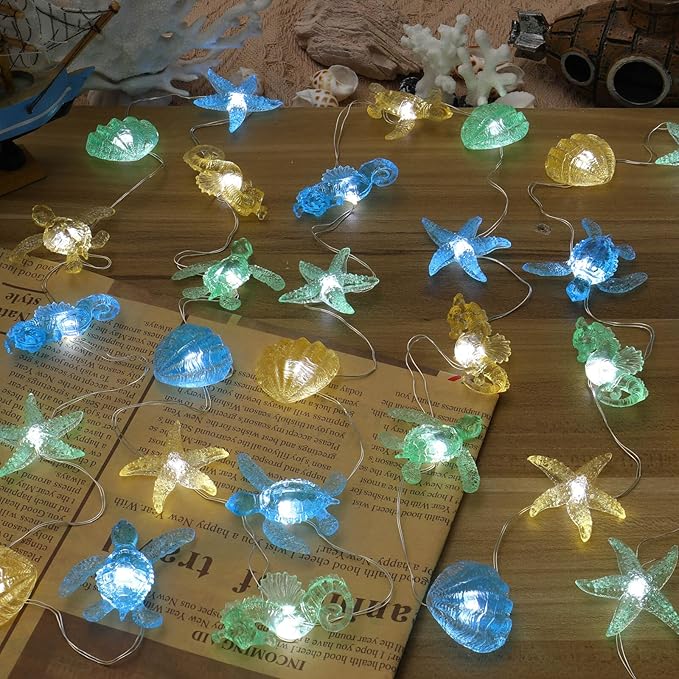 Ocean Themed Decorative Lights String of Marine Life Fairy String Lights Coastal Decor 10ft 30 LEDs Battery Operated with Remote Control for Beach Bedroom Decoration