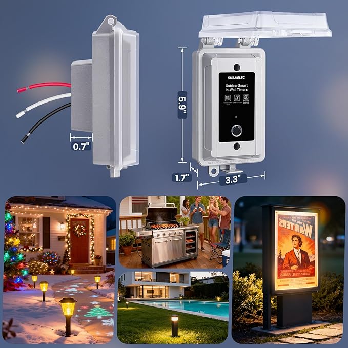 SURAIELEC 20A WiFi Smart Switch Timer, Heavy-Duty 120V 1HP Hardwired Outdoor Timer, App/Voice Remote On/Off Control, Programmable Schedules, Alexa Google Compatible, for Pool Pump Water Heater Lights